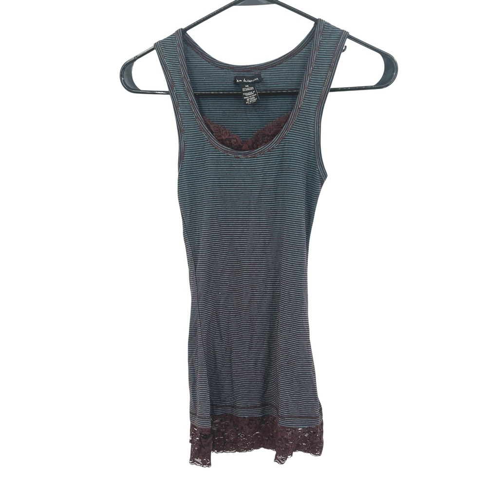 Y2K Striped Lace Trim Longline Tank Cami XS Teal Brown Fairy Grunge Indie Sleaze